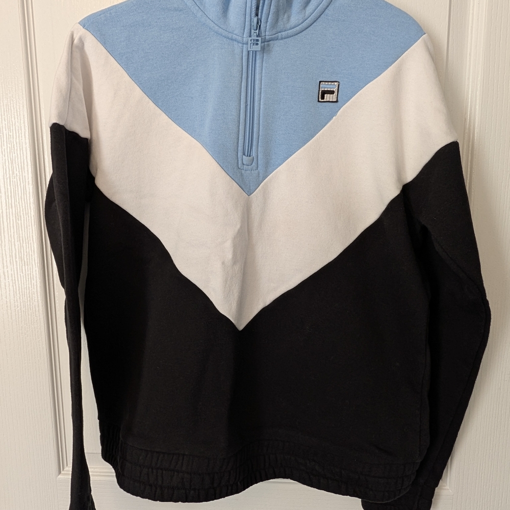 Fila Women's Light Blue, White, and Black Chevron Zip-Up Sweatshirt- Medium